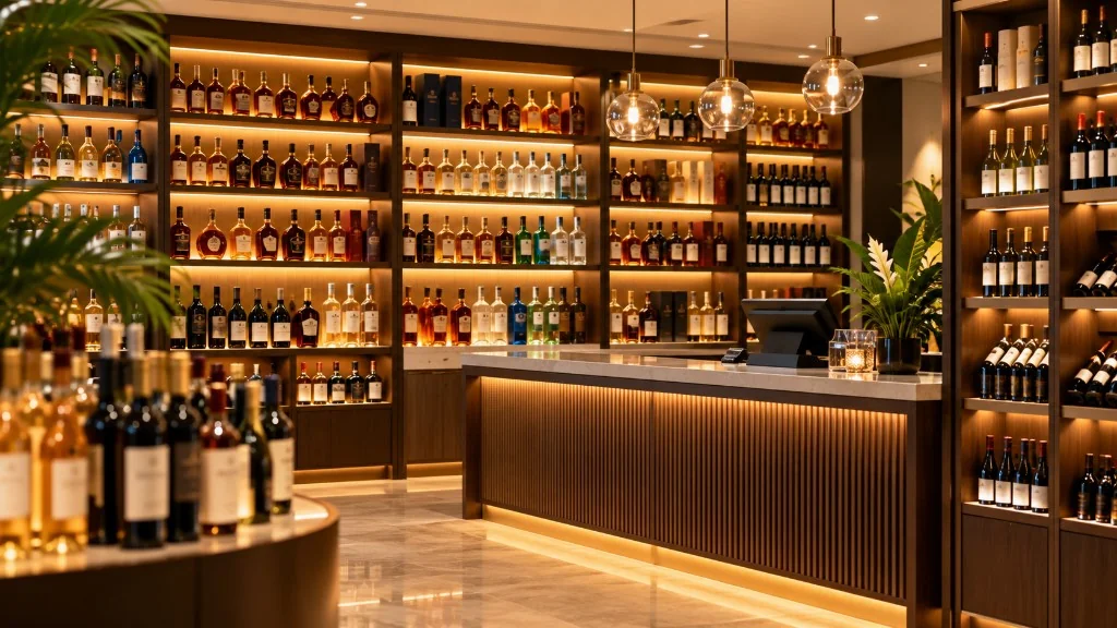 Liquor outlet interior with illuminated bottle shelves and a service counter