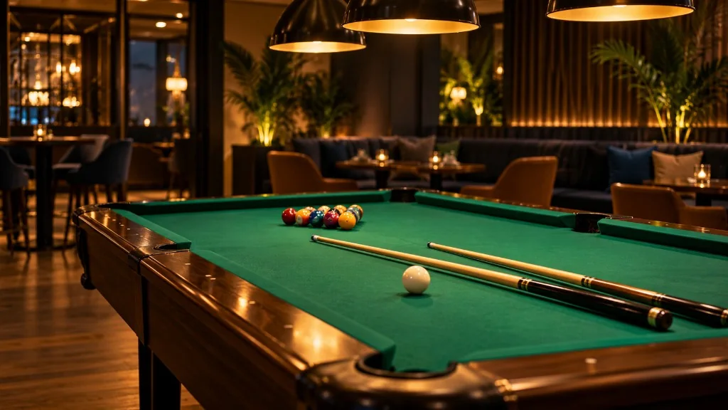 Pool table with cues and coloured balls in a warmly lit lounge