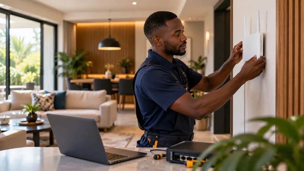 Technician mounting a Wi-Fi router on the wall of a modern living room